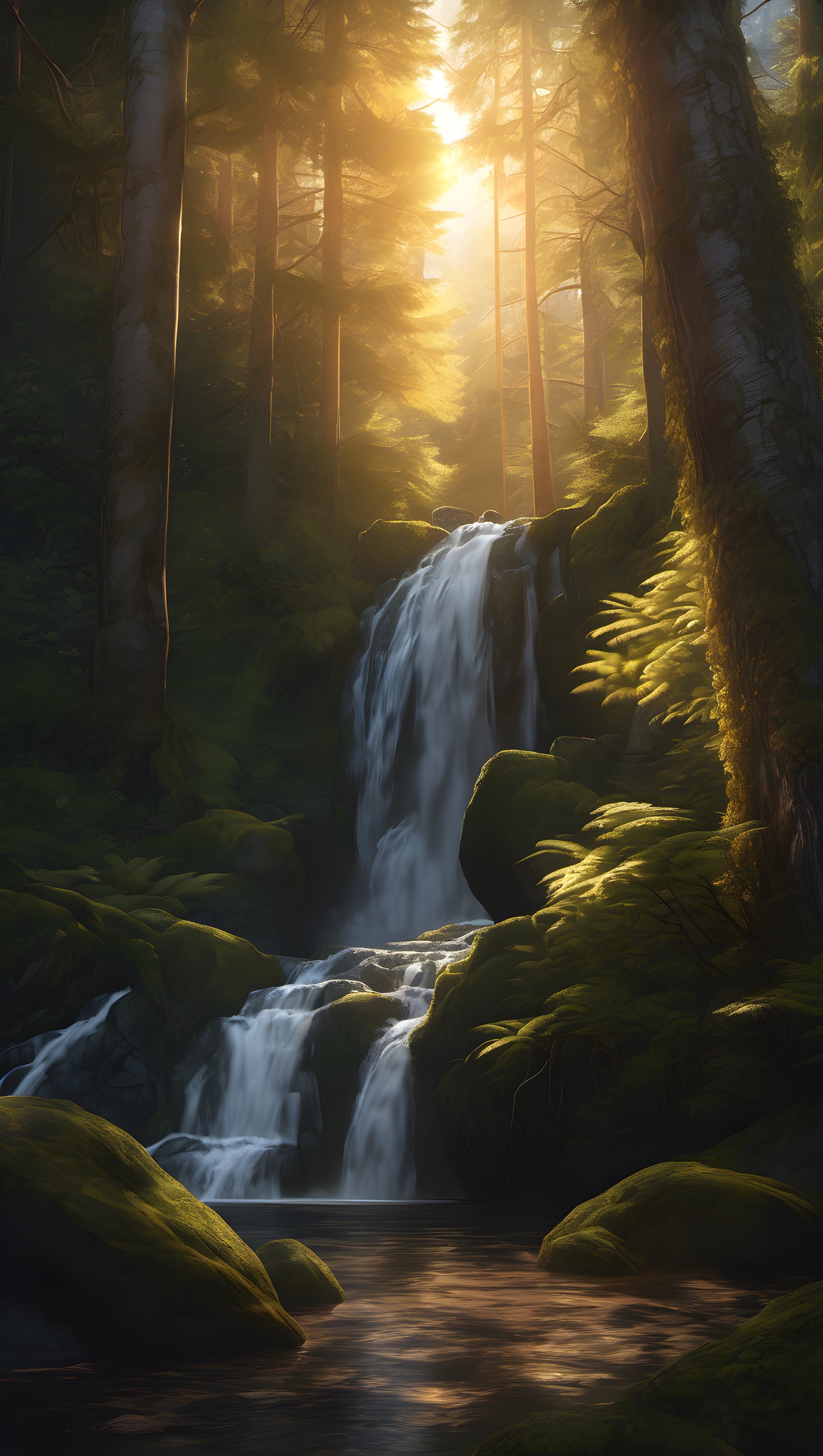 Golden Forest Waterfall Mobile Wallpaper, forest, waterfall, nature, golden light, mossy rocks, serene