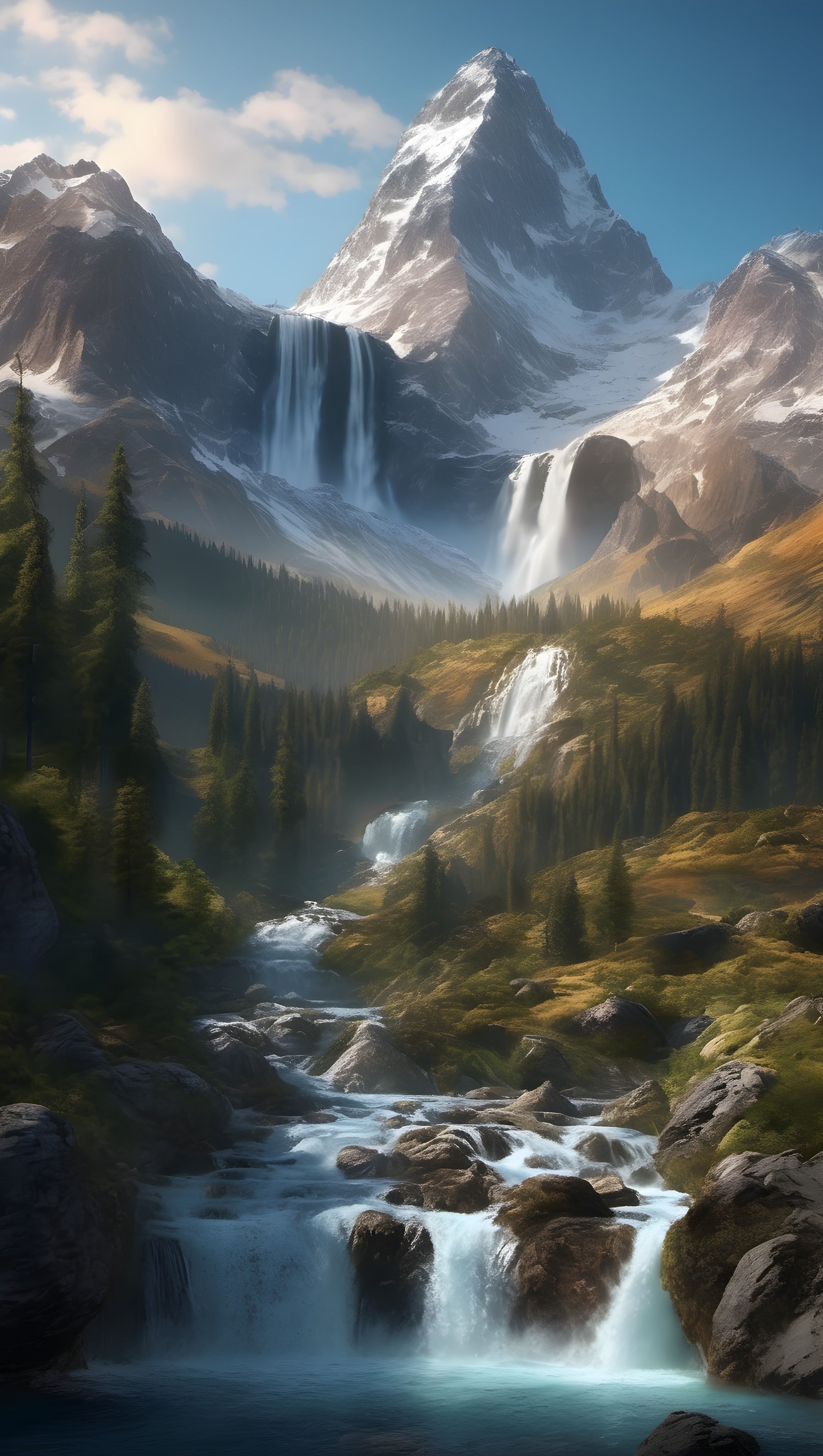 Majestic Mountain Waterfalls Valley Wallpaper, mountains, waterfall, nature, landscape, alpine, river