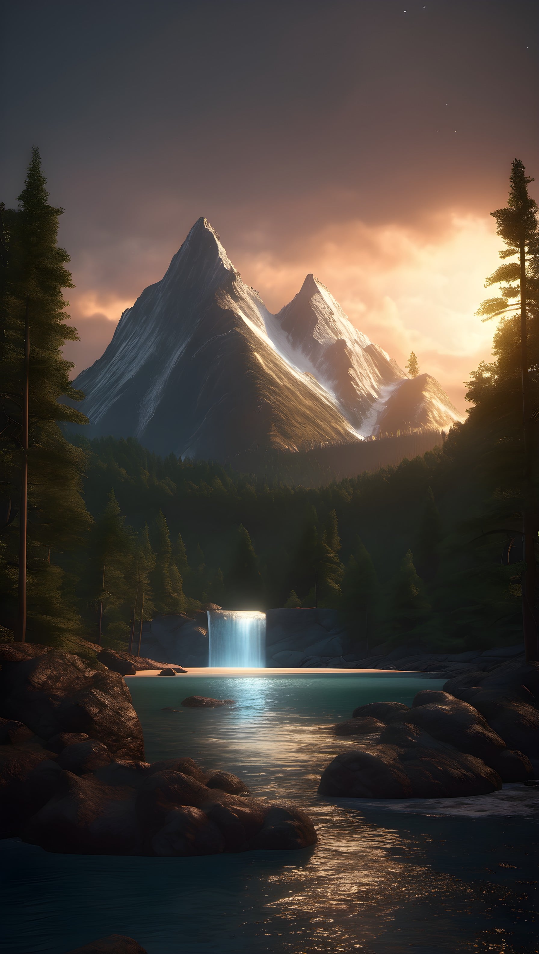 Luminous Mountain Lake Waterfall Sunset Wallpaper, mountains, waterfall, lake, forest, sunset, nature