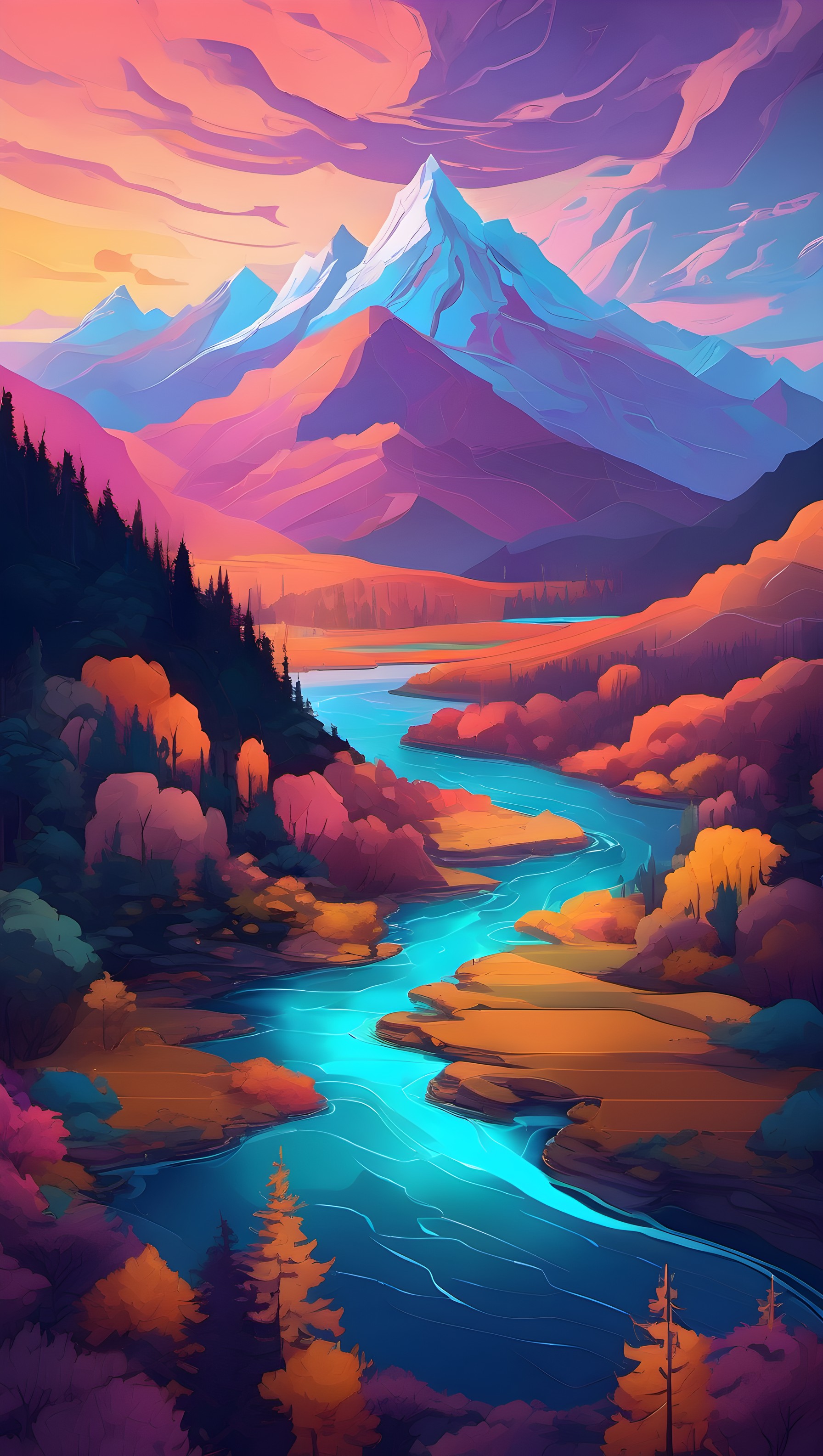 Vibrant Fantasy River Valley with Aurora Sky Mountains, fantasy, mountain, river, vibrant, digital art, landscape