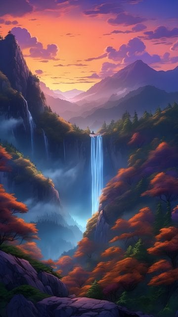 Vibrant Sunset Mountain Waterfall Fantasy Art