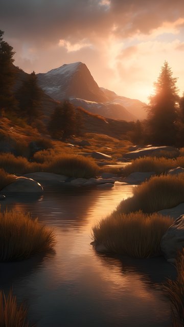 Golden Hour Mountain River Stream Wallpaper