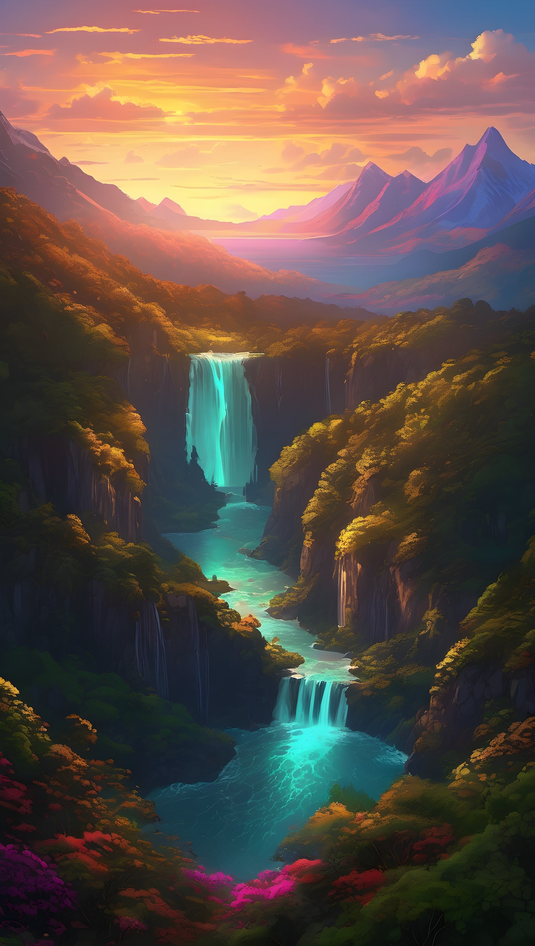 Fantasy Valley Waterfalls Sunset Mobile Wallpaper, fantasy, waterfall, valley, sunset, magic, vibrant