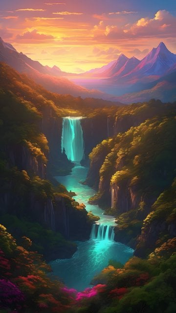 Fantasy Valley Waterfalls Sunset Mobile Wallpaper