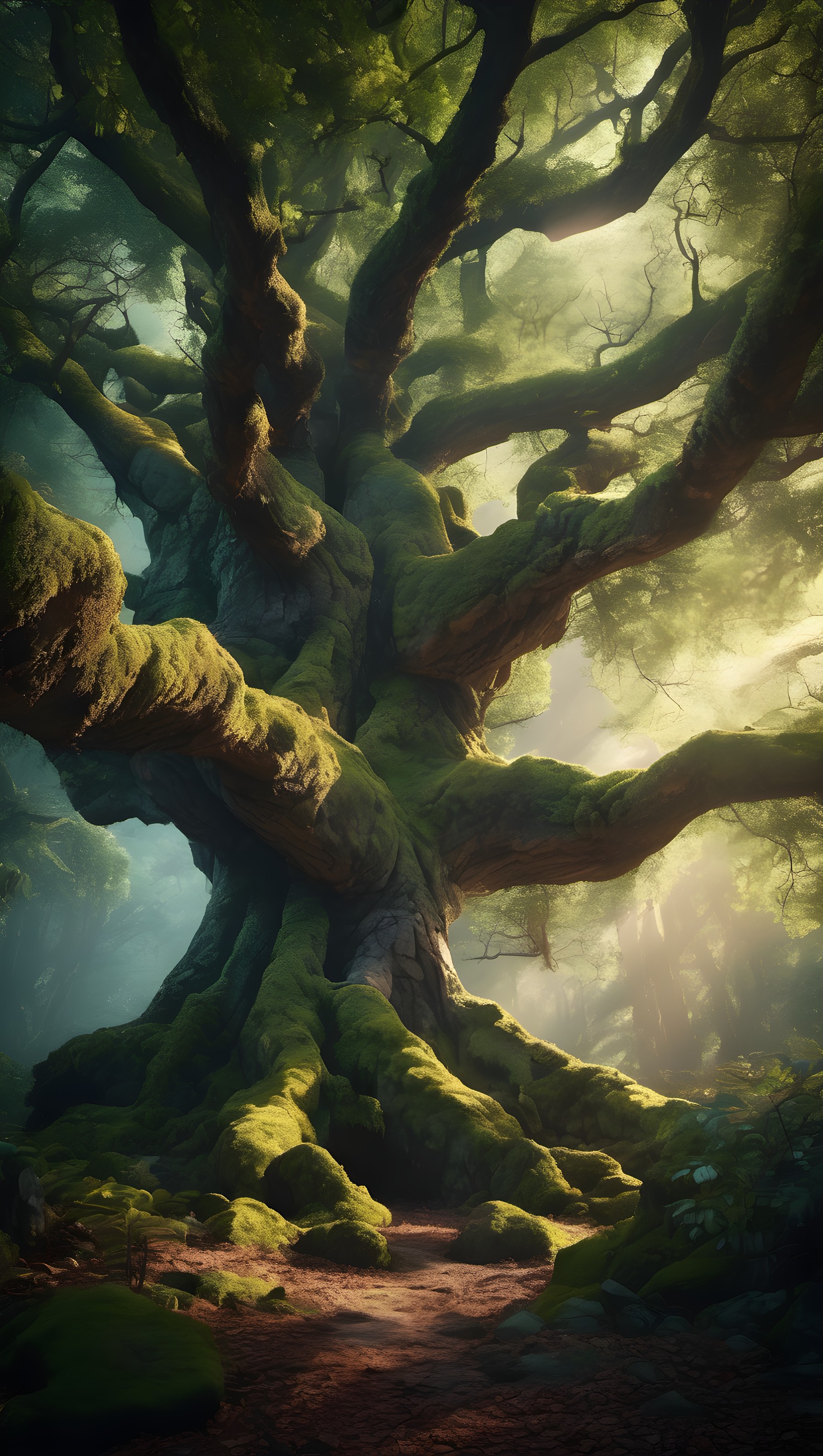 Ancient Mossy Tree Forest Light Wallpaper, ancient tree, mossy forest, mystical, fantasy, nature, serene