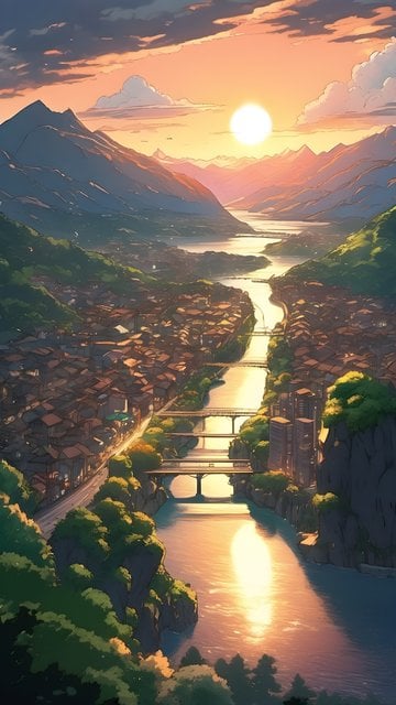 Idyllic Anime Valley Sunset River Town Wallpaper