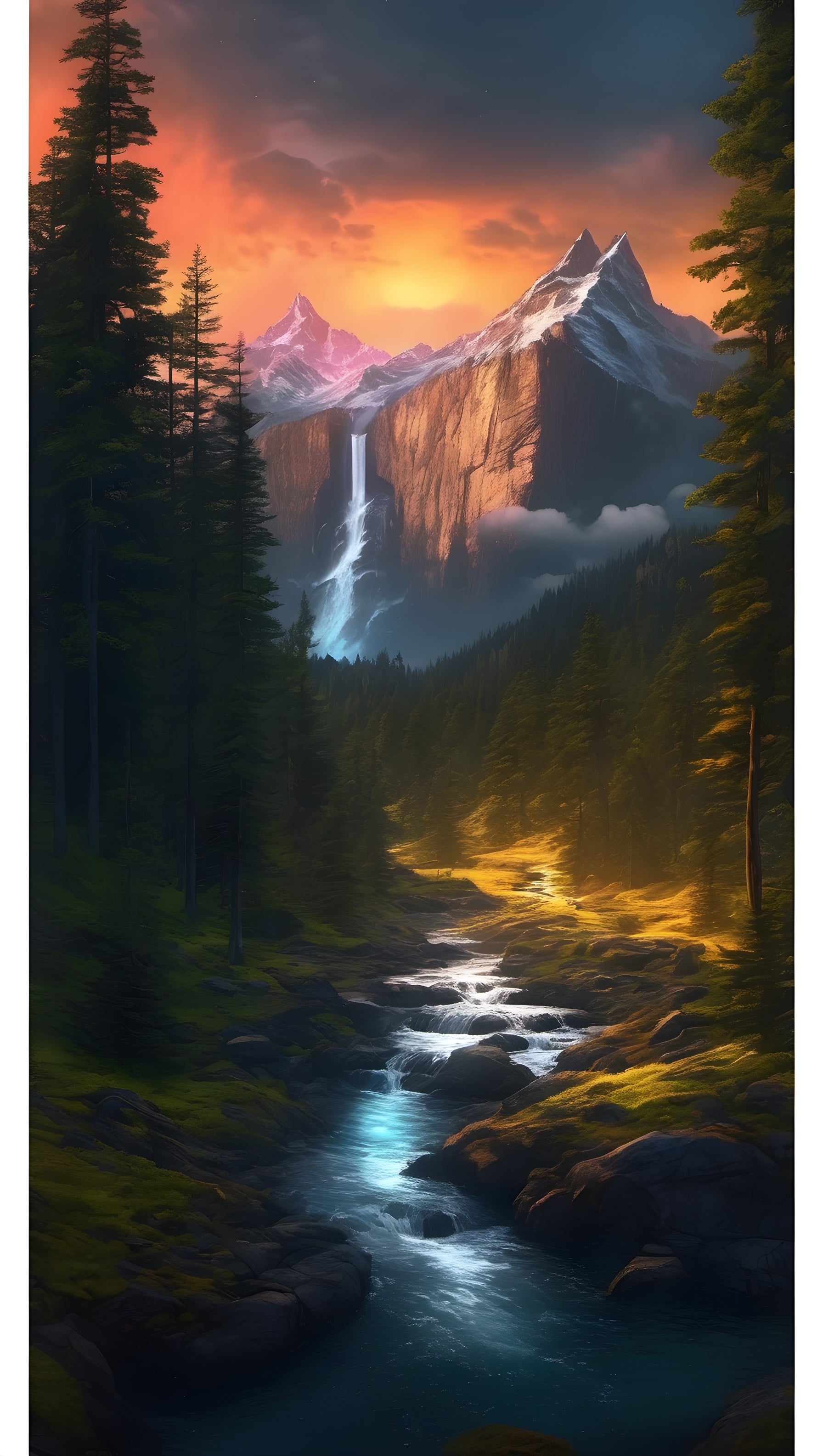Fantasy Sunset Mountain Waterfall River Wallpaper, mountain, waterfall, river, forest, sunset, fantasy
