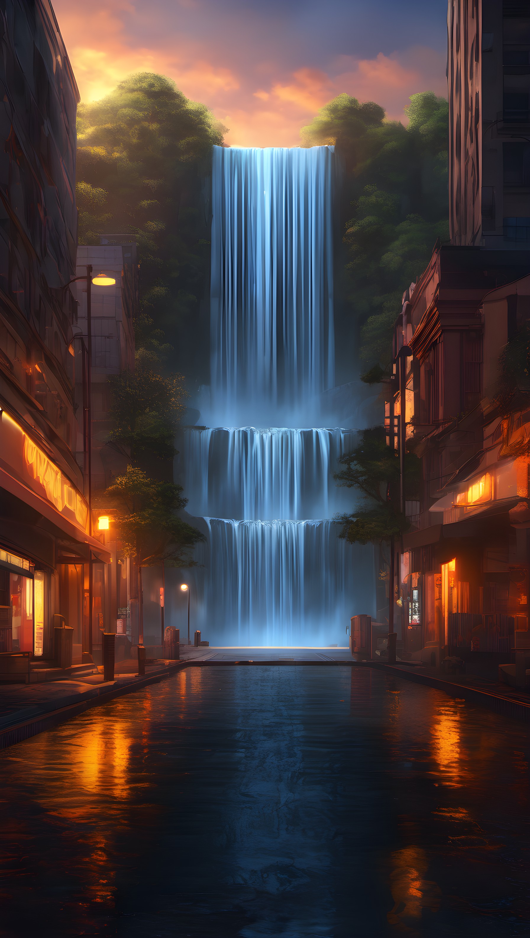 Glowing Urban Waterfall at Sunset Fantasy City Street, urban waterfall, fantasy cityscape, sunset glow, street scene, illuminated, atmospheric