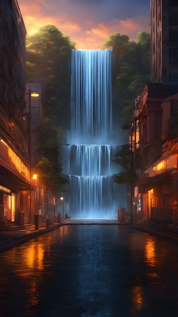 Glowing Urban Waterfall at Sunset Fantasy City Street
