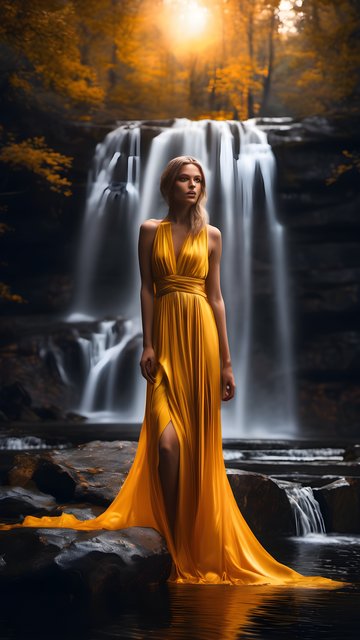 Enchanting Golden Gown by Mystical Waterfall