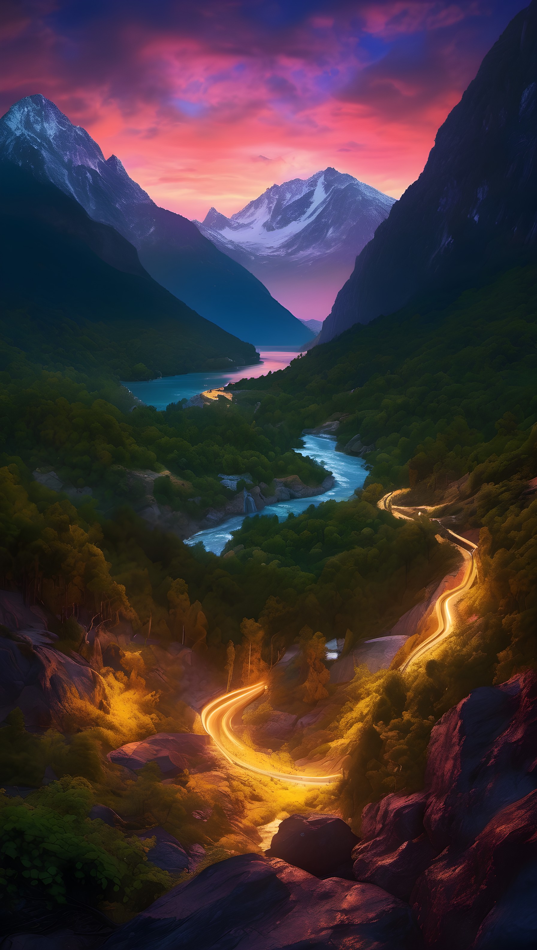 Vibrant Mountain Valley Road Sunset with Glowing Path, mountain valley, glowing road, fantasy landscape, sunset, vibrant nature, ethereal