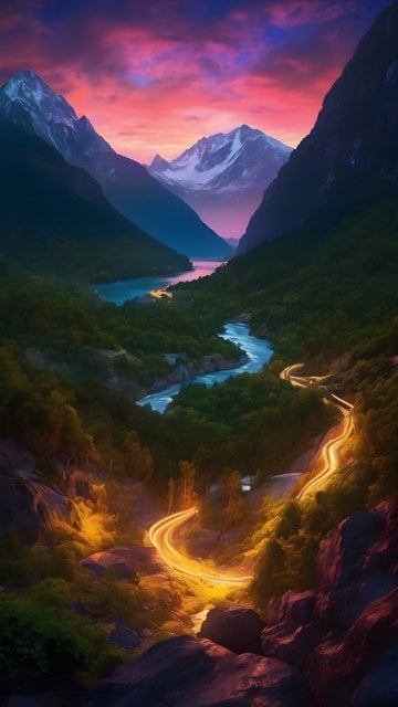 Vibrant Mountain Valley Road Sunset with Glowing Path