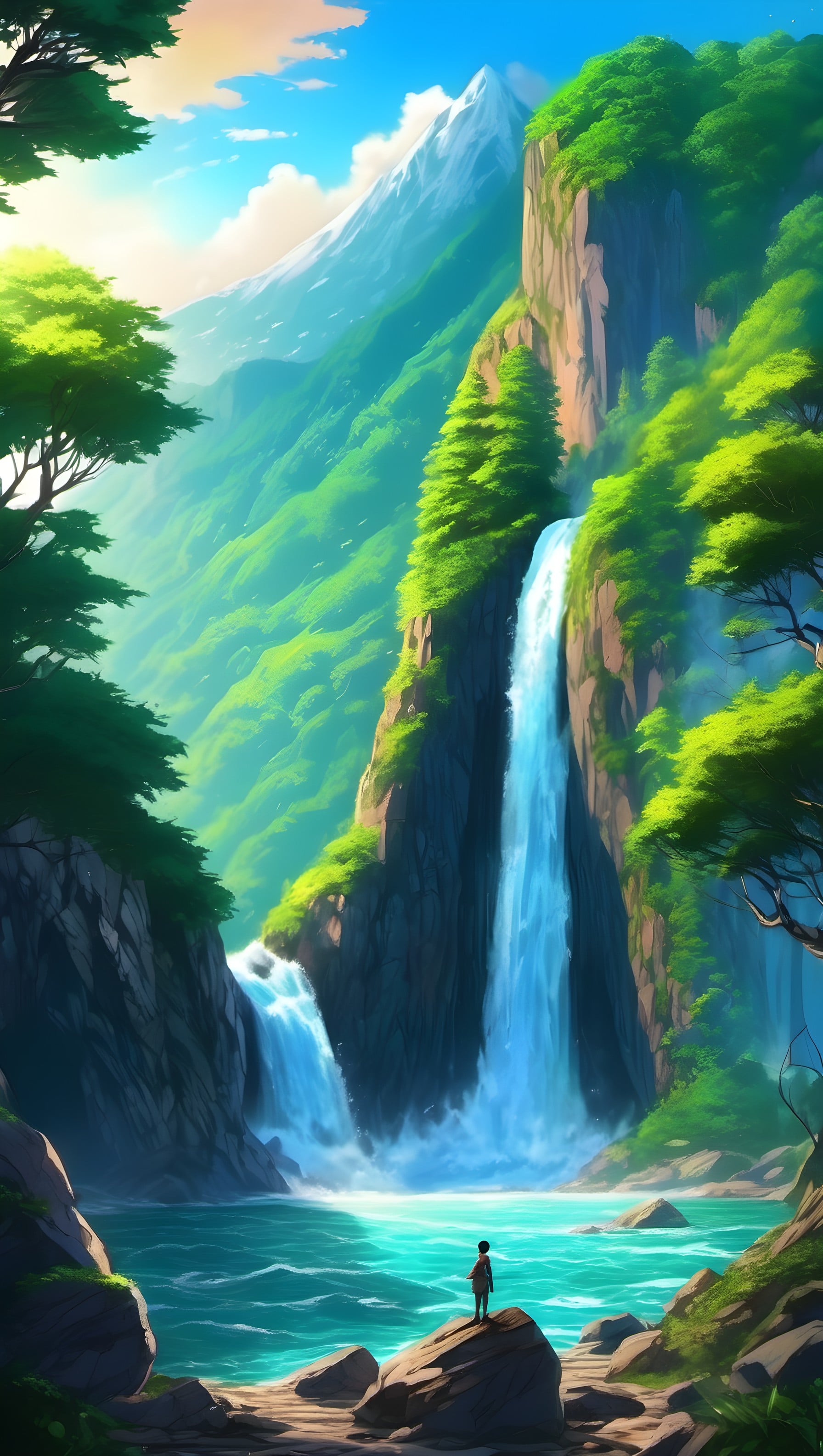 Anime Lush Mountain Waterfall with Lone Figure, waterfall, mountain, anime, nature, landscape, lush green