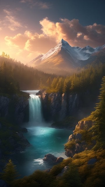 Majestic Mountain Waterfall Sunset Mobile Wallpaper