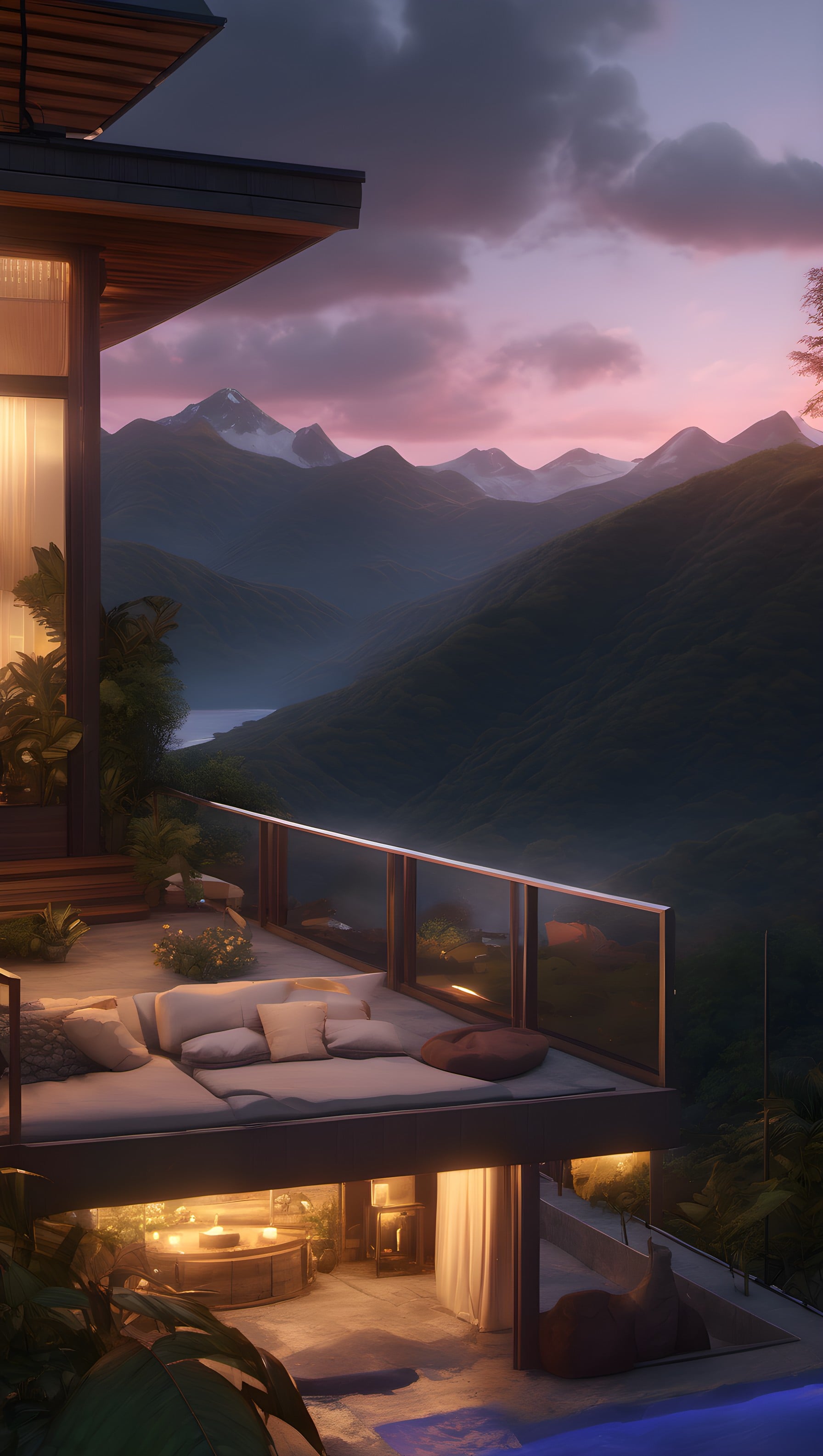 Luxury Mountain Villa Twilight Landscape Wallpaper, mountain, villa, luxury, twilight, landscape, balcony
