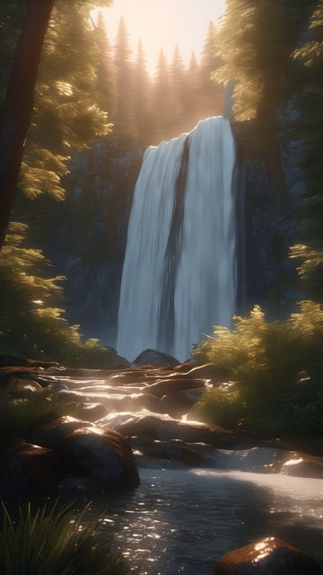 Enchanted Forest Waterfall Golden Hour Mobile Wallpaper