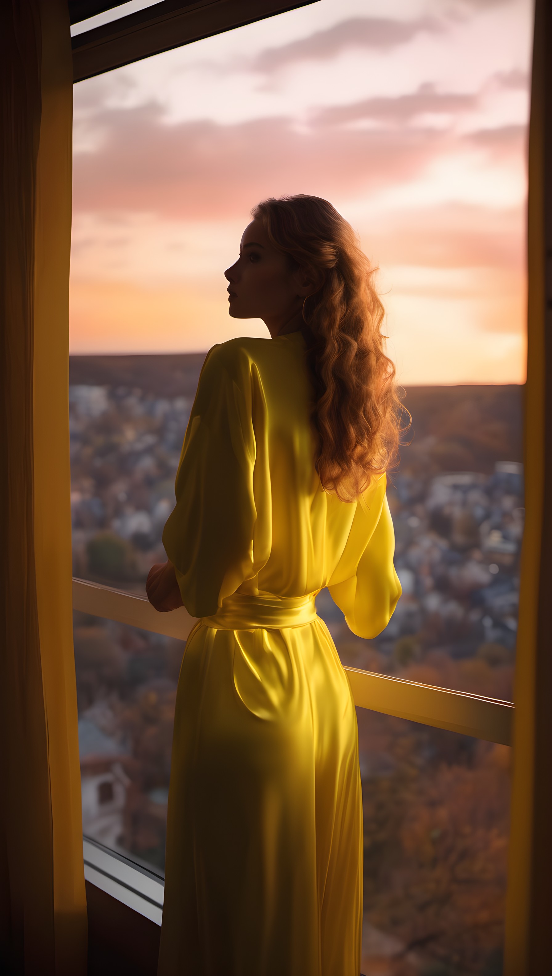 Elegant Woman Sunset Balcony City View, woman, yellow robe, sunset, city view, elegant, serene