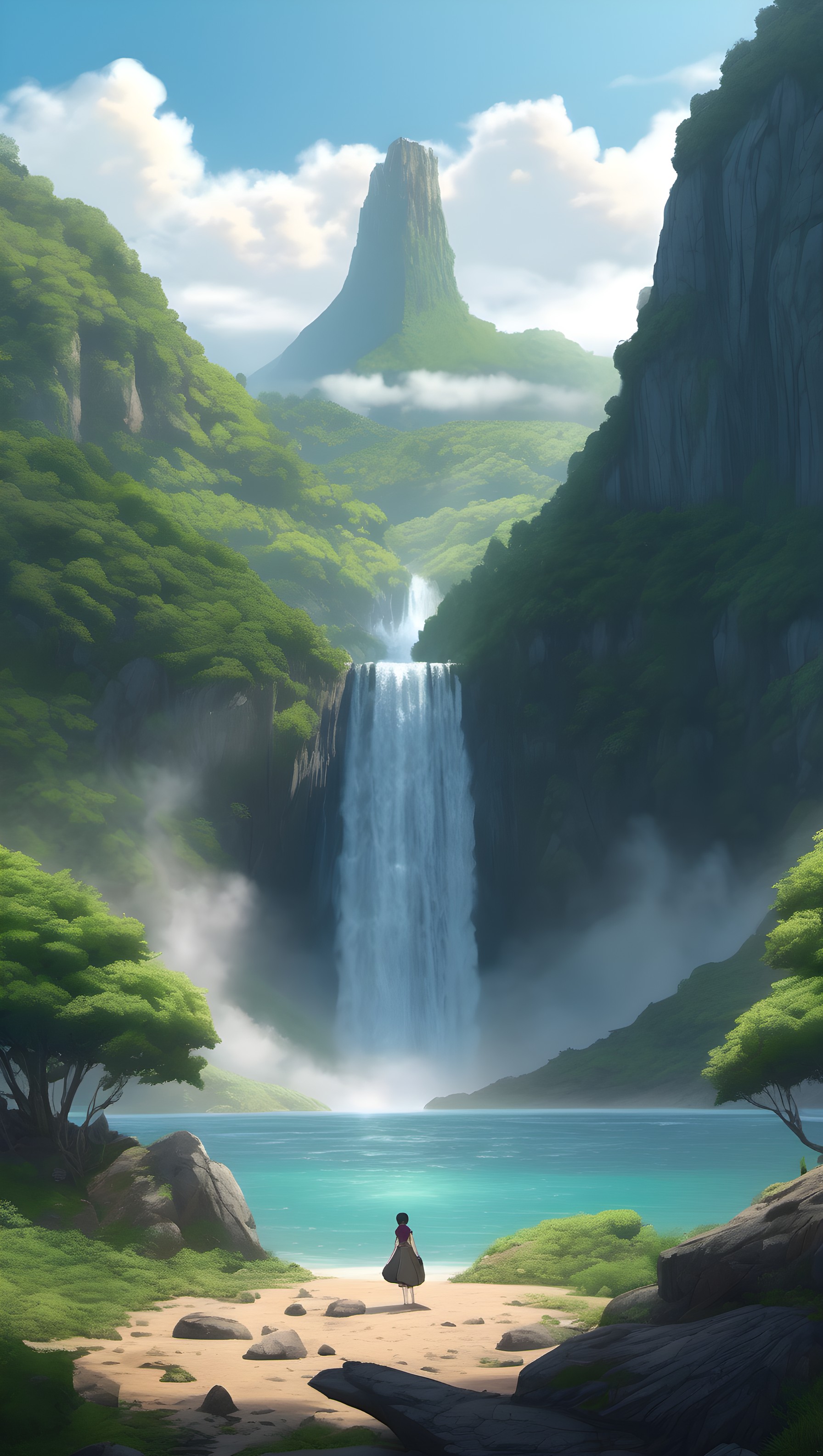 Majestic Waterfall Valley & Turquoise Lake, waterfall, mountains, lake, nature, landscape, fantasy