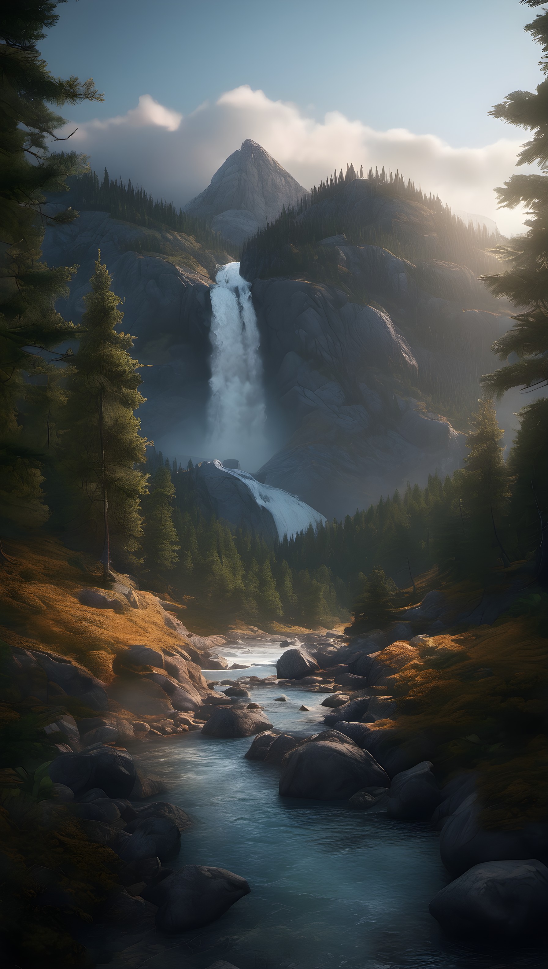 Sunlit Mountain Waterfall & River Valley Landscape, waterfall, river, mountain, forest, nature, landscape