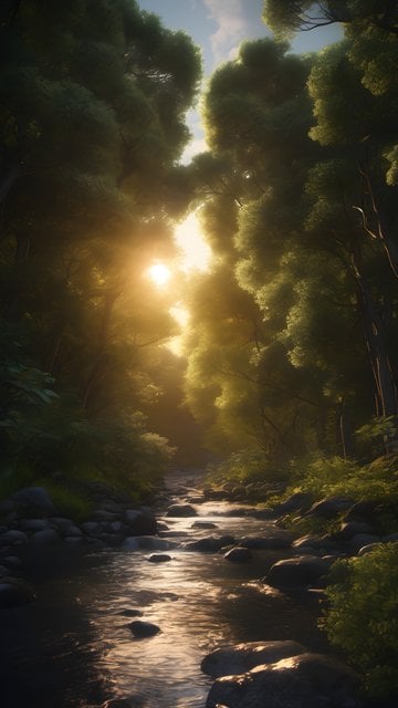 Enchanted Forest Stream Sunrays Wallpaper
