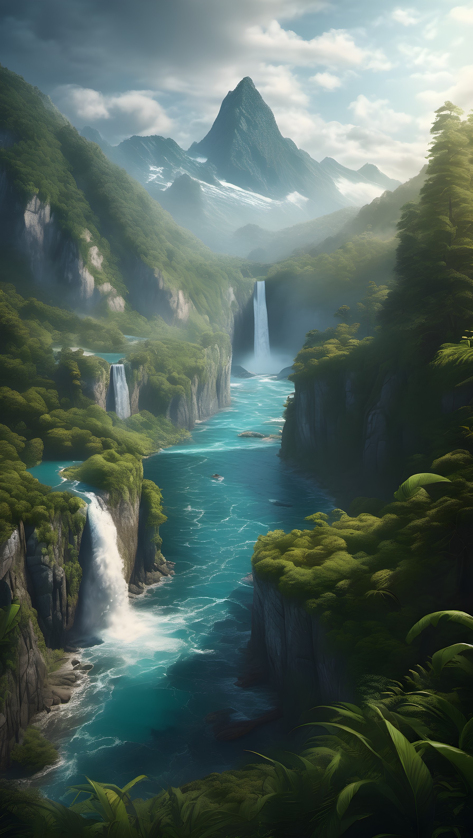 Majestic Alpine River & Waterfalls Wallpaper, mountain waterfall, emerald river, lush valley, nature landscape, serene, majestic