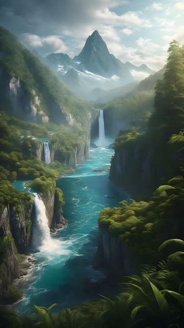 Majestic Alpine River & Waterfalls Wallpaper