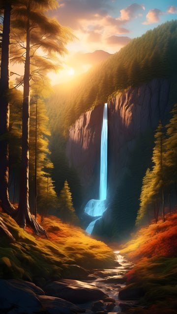 Glowing Waterfall Sunset Forest Mobile Wallpaper