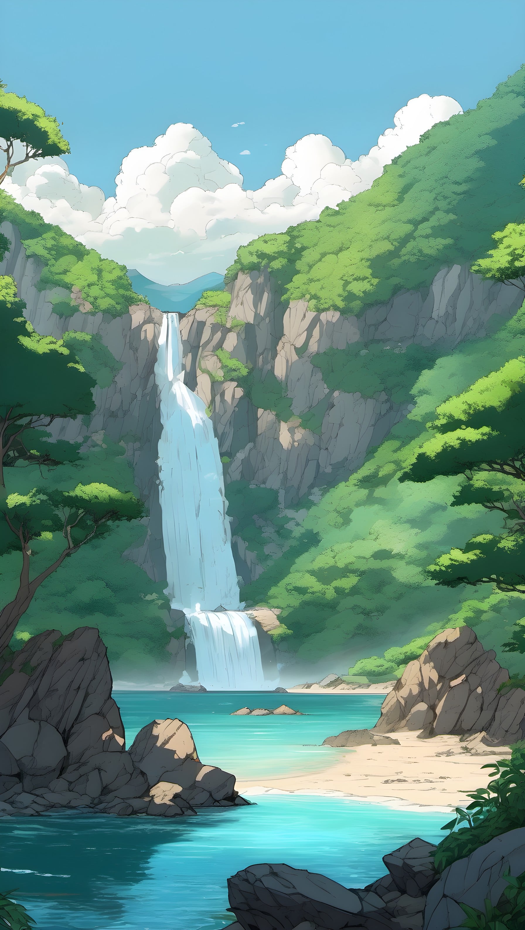 Tranquil Anime Waterfall Beach Mobile Wallpaper, anime, waterfall, tropical, beach, landscape, serene