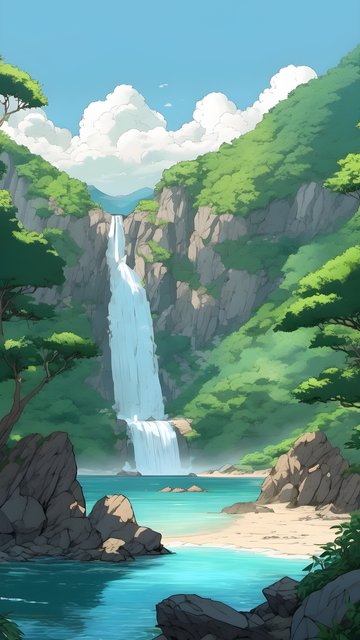Tranquil Anime Waterfall Beach Mobile Wallpaper