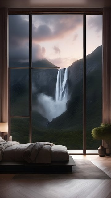 Dramatic Waterfall Mountain View from Modern Bedroom