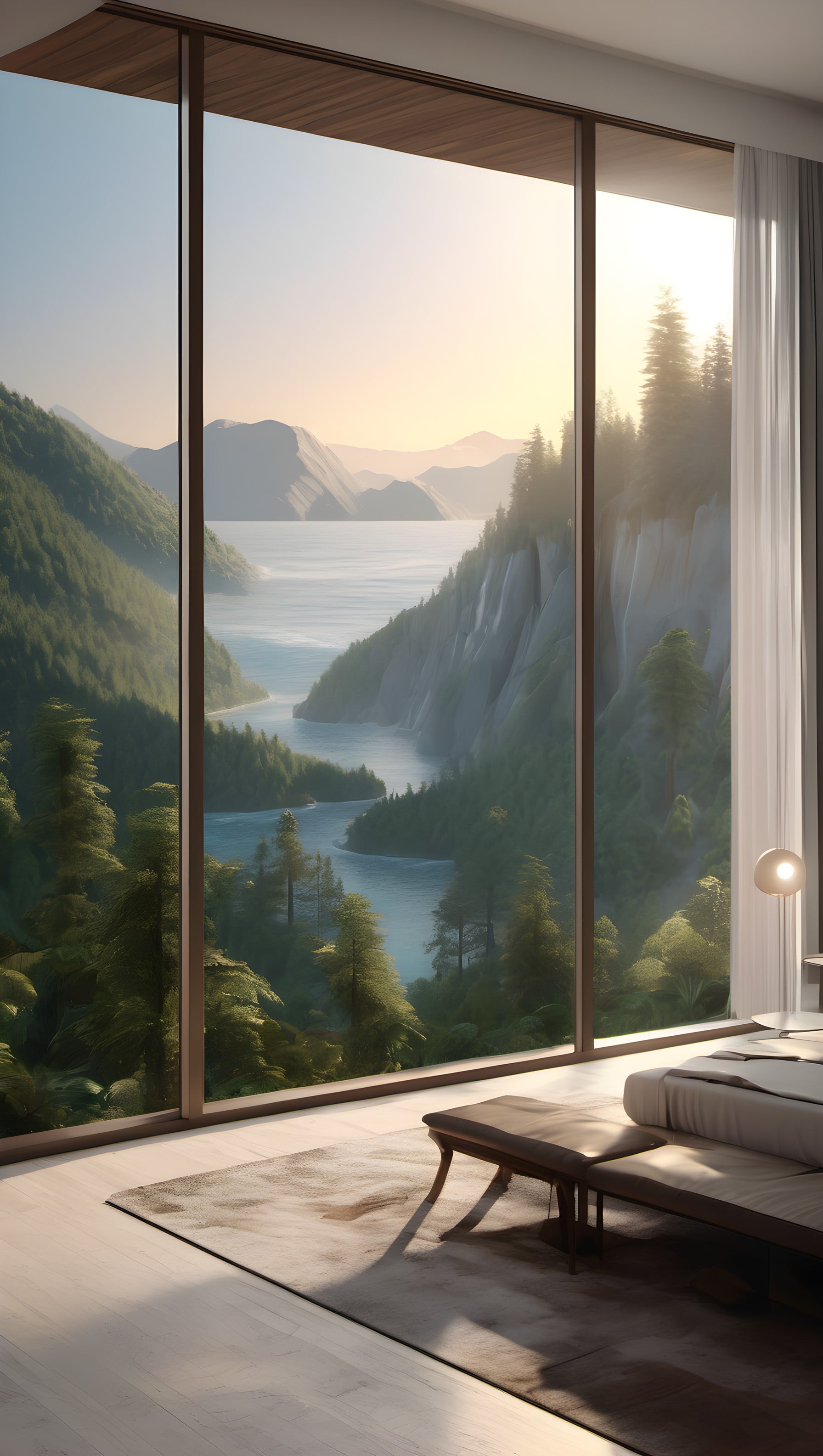 Panoramic Mountain Lake View Modern Room Wallpaper, mountain lake, scenic view, modern interior, nature wallpaper, serene, golden hour
