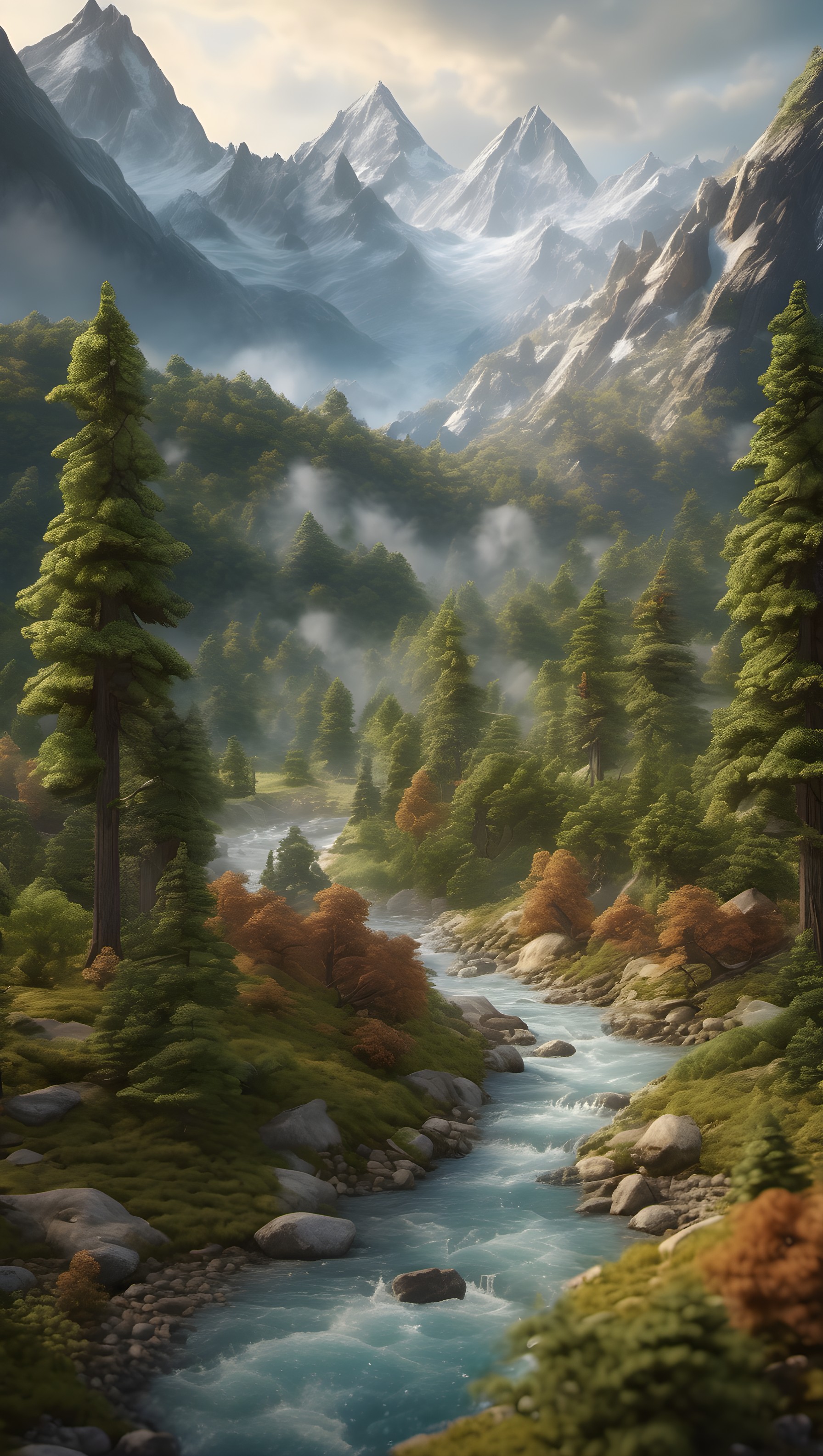 Misty Mountain River Forest Fantasy Wallpaper, mountain valley, river, forest, misty, fantasy landscape, nature wallpaper