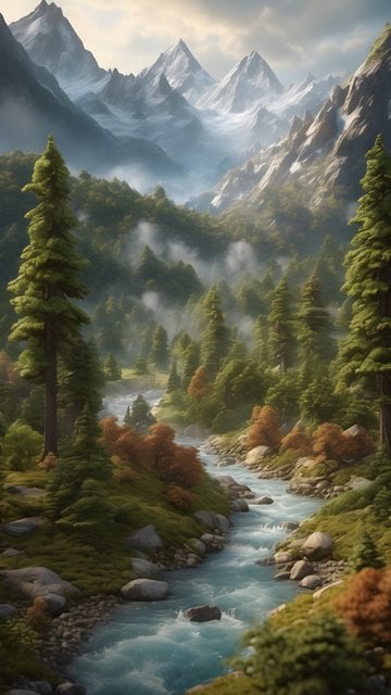 Misty Mountain River Forest Fantasy Wallpaper