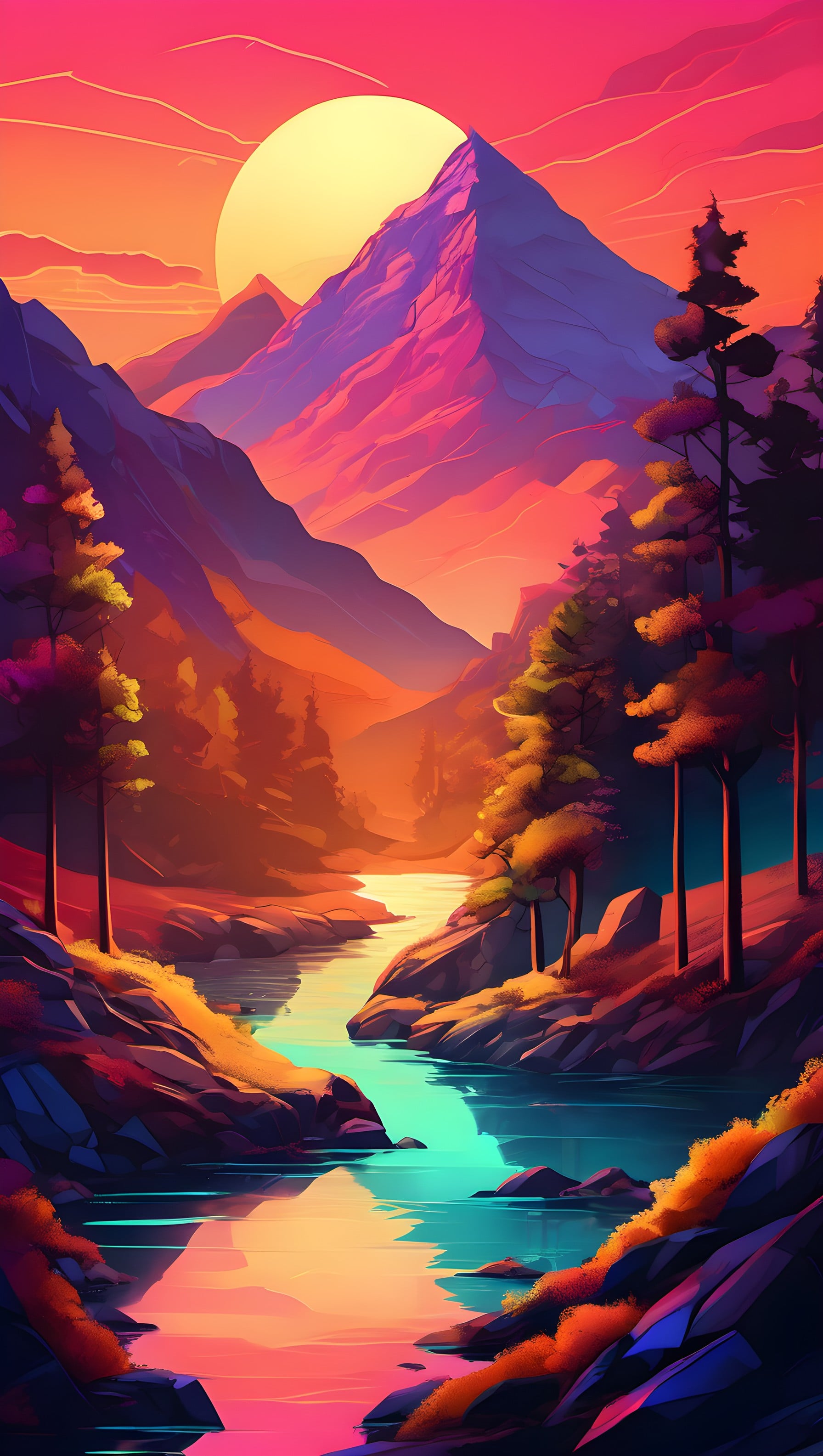 Vibrant Sunset Mountains River Digital Art Wallpaper, mountains, river, sunset, digital art, vibrant, colorful