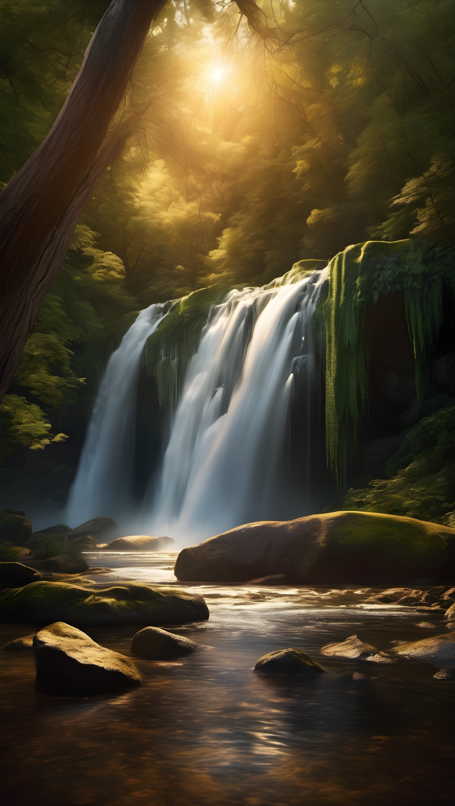Enchanted Forest Waterfall Golden Light Phone Wallpaper, waterfall, forest, nature, golden light, serene, tranquil