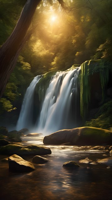 Enchanted Forest Waterfall Golden Light Phone Wallpaper