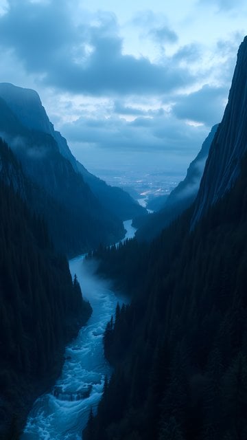 Twilight Canyon River with Distant City Lights