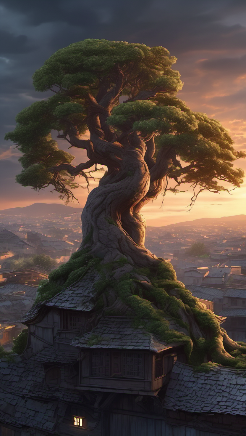 Mystical Giant Tree House at Golden Sunset, fantasy tree, tree house, japanese village, golden hour, sunset, mystical