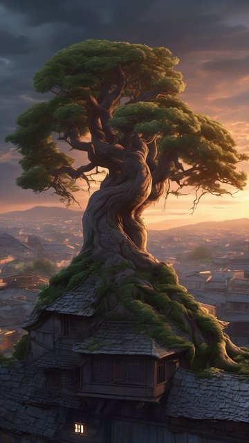Mystical Giant Tree House at Golden Sunset