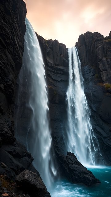 Majestic Twin Waterfalls, Serene Long Exposure Landscape