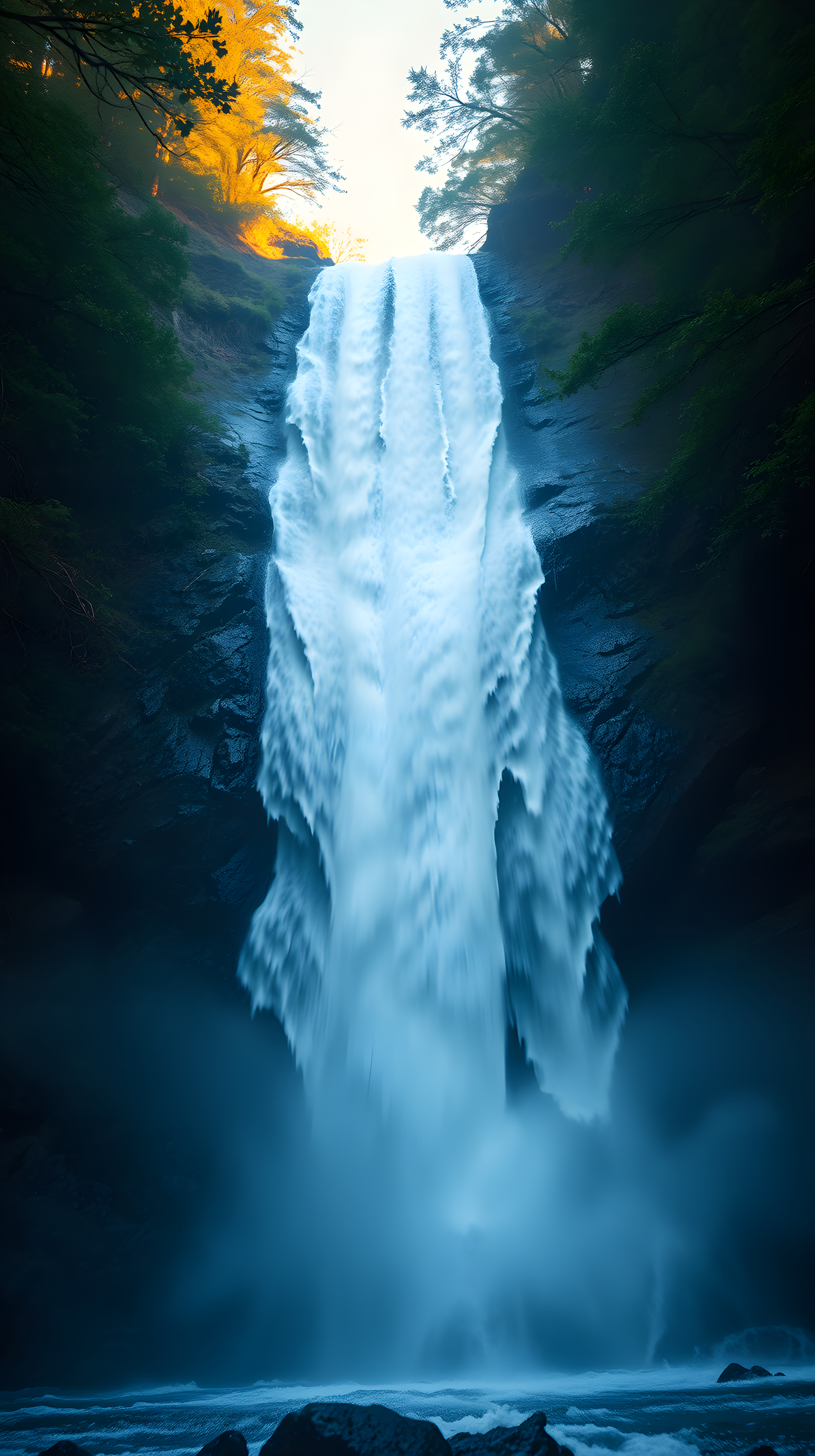 Majestic Waterfall at Golden Hour in Lush Forest, waterfall, nature, forest, golden hour, serene, majestic