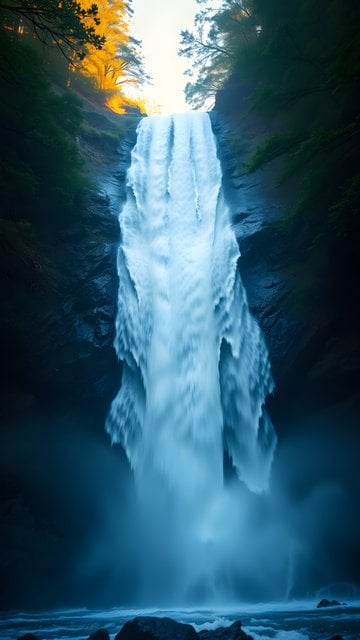 Majestic Waterfall at Golden Hour in Lush Forest