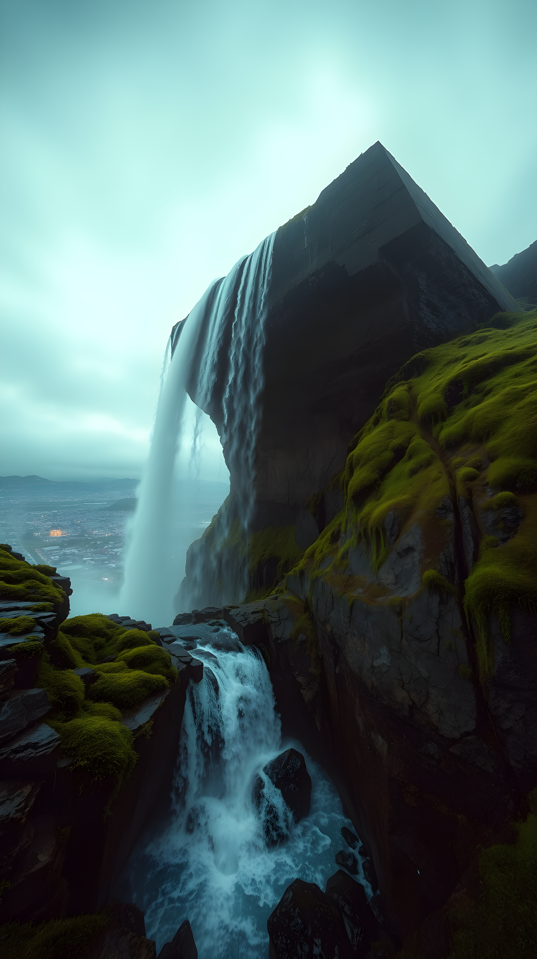 Epic Misty Waterfall with Green Moss & Teal Sky, waterfall, landscape, nature, misty, green moss, teal