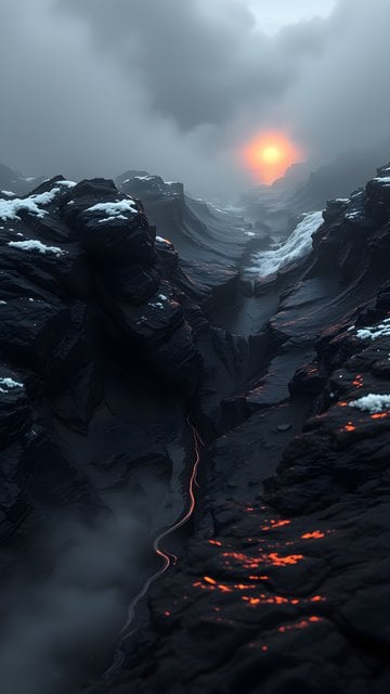 Dramatic Volcanic Canyon with Molten Core & Snow