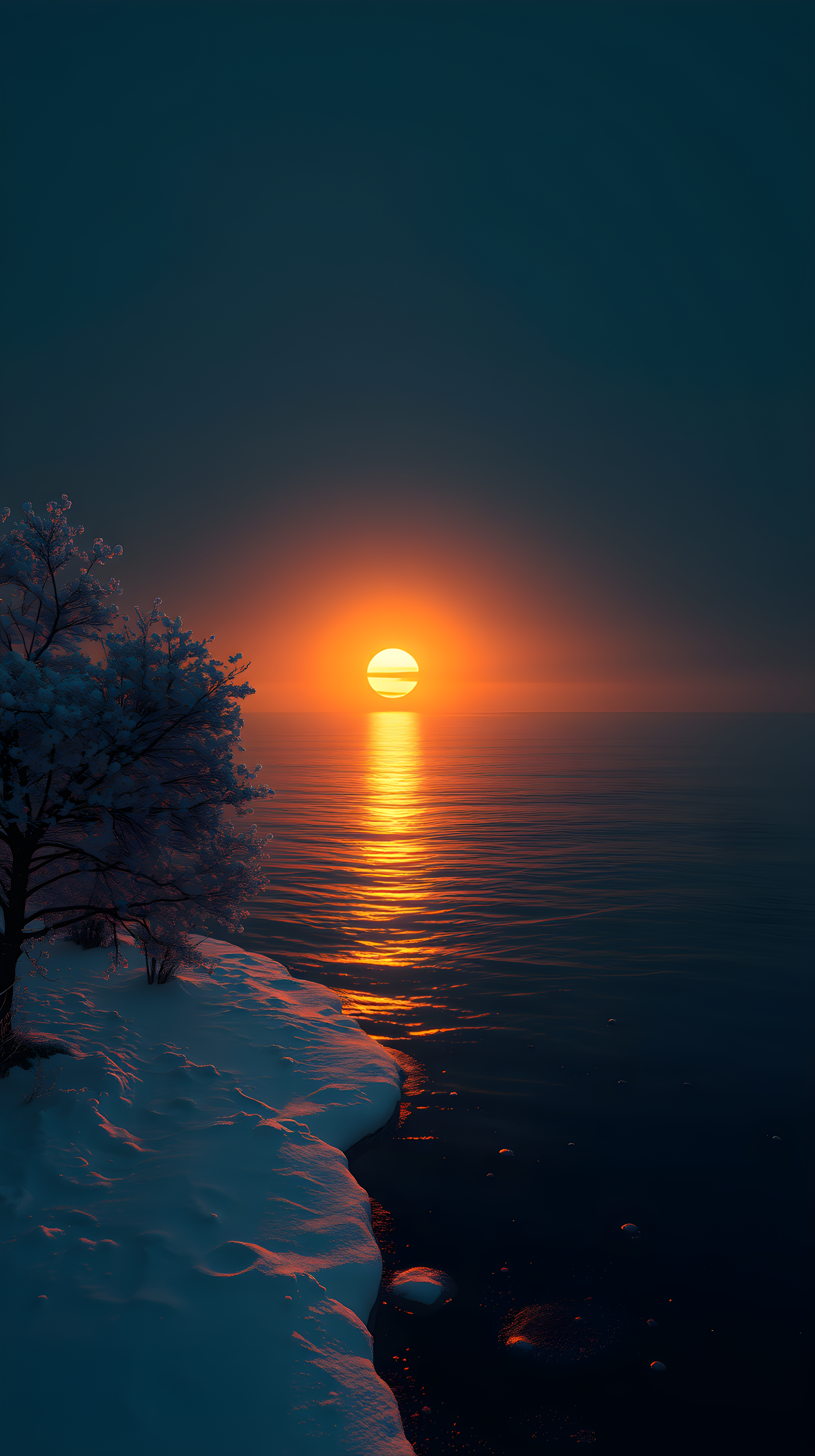 Golden Winter Sunset over Icy Lake Mobile Wallpaper, winter, sunset, snow, lake, golden, serene
