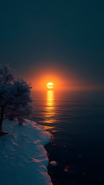 Golden Winter Sunset over Icy Lake Mobile Wallpaper