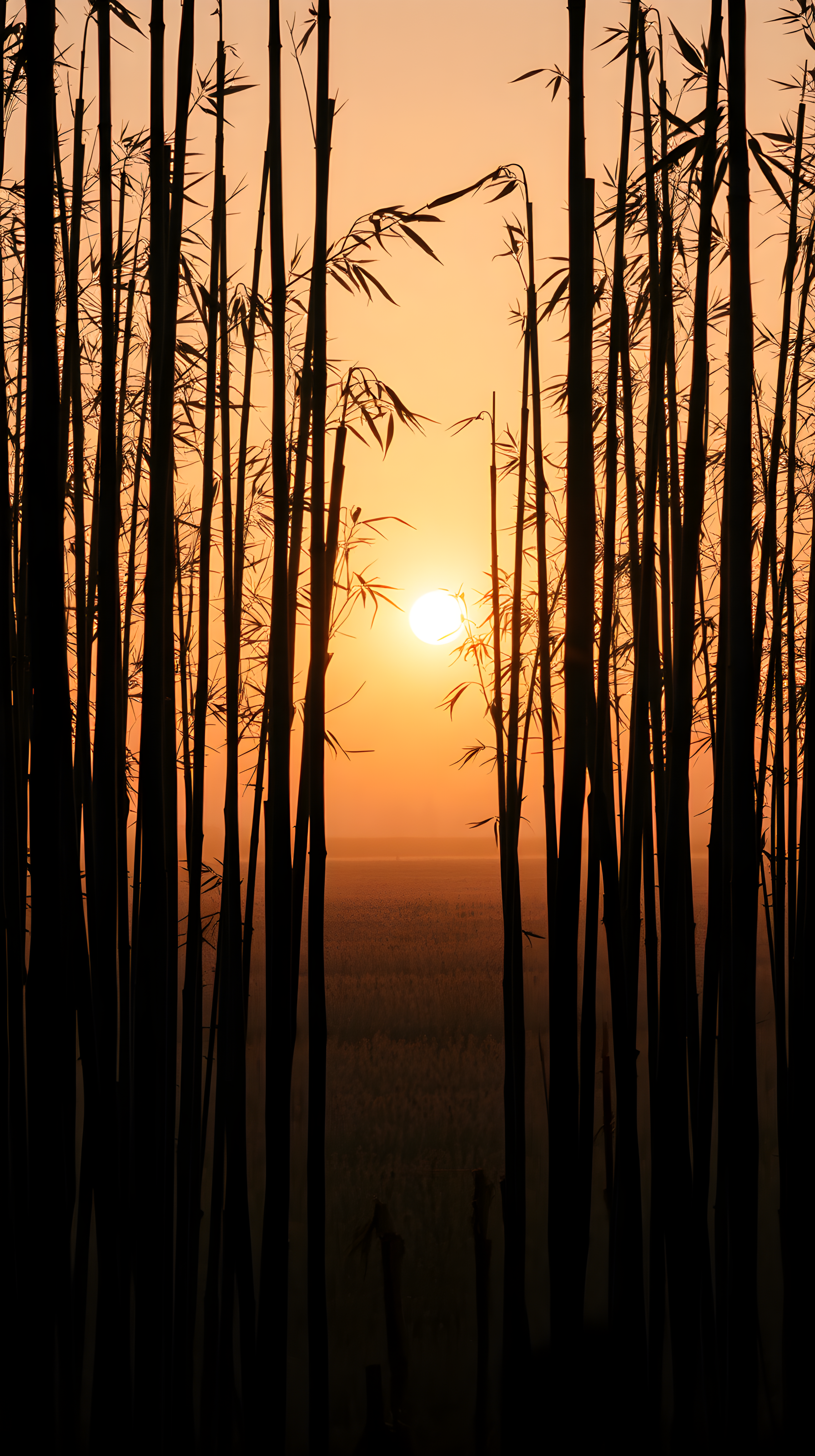 Serene Bamboo Forest Sunset Phone Wallpaper, bamboo, sunset, silhouette, nature, forest, golden hour