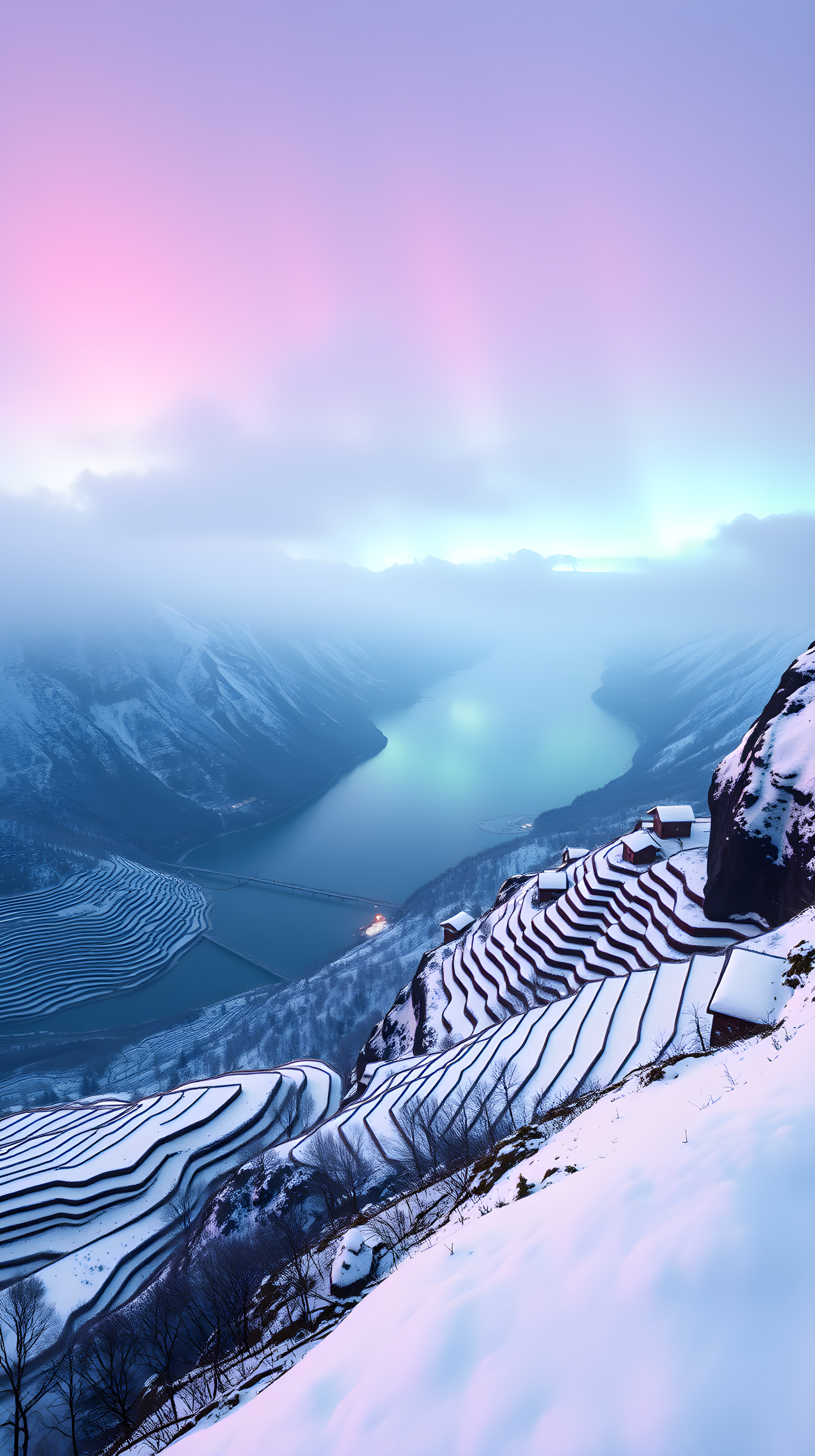 Pastel Winter Dawn over Snowy Terraced Fields & Valley Lake, winter landscape, snowy mountains, terraced fields, pastel sky, ethereal nature, serene valley