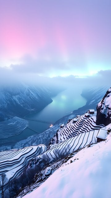 Pastel Winter Dawn over Snowy Terraced Fields & Valley Lake
