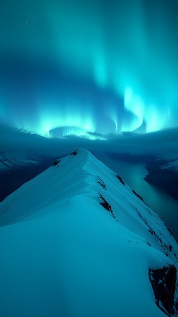 Vibrant Aurora Borealis Over Snowy Mountain & Fjord